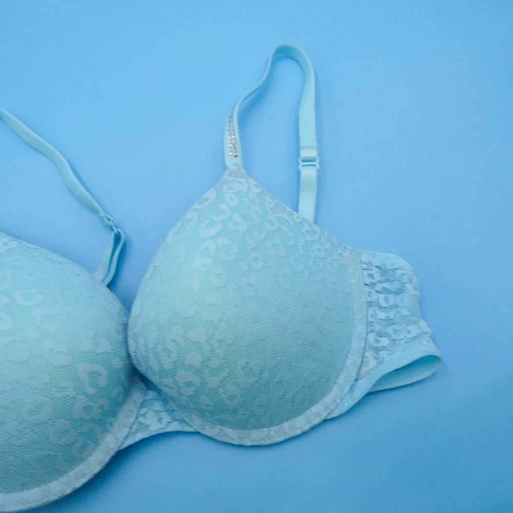 Pink Victoria's Secret Bra Womens 34B Wear‎ Everywhere Push-Up Blue Lace Nylon